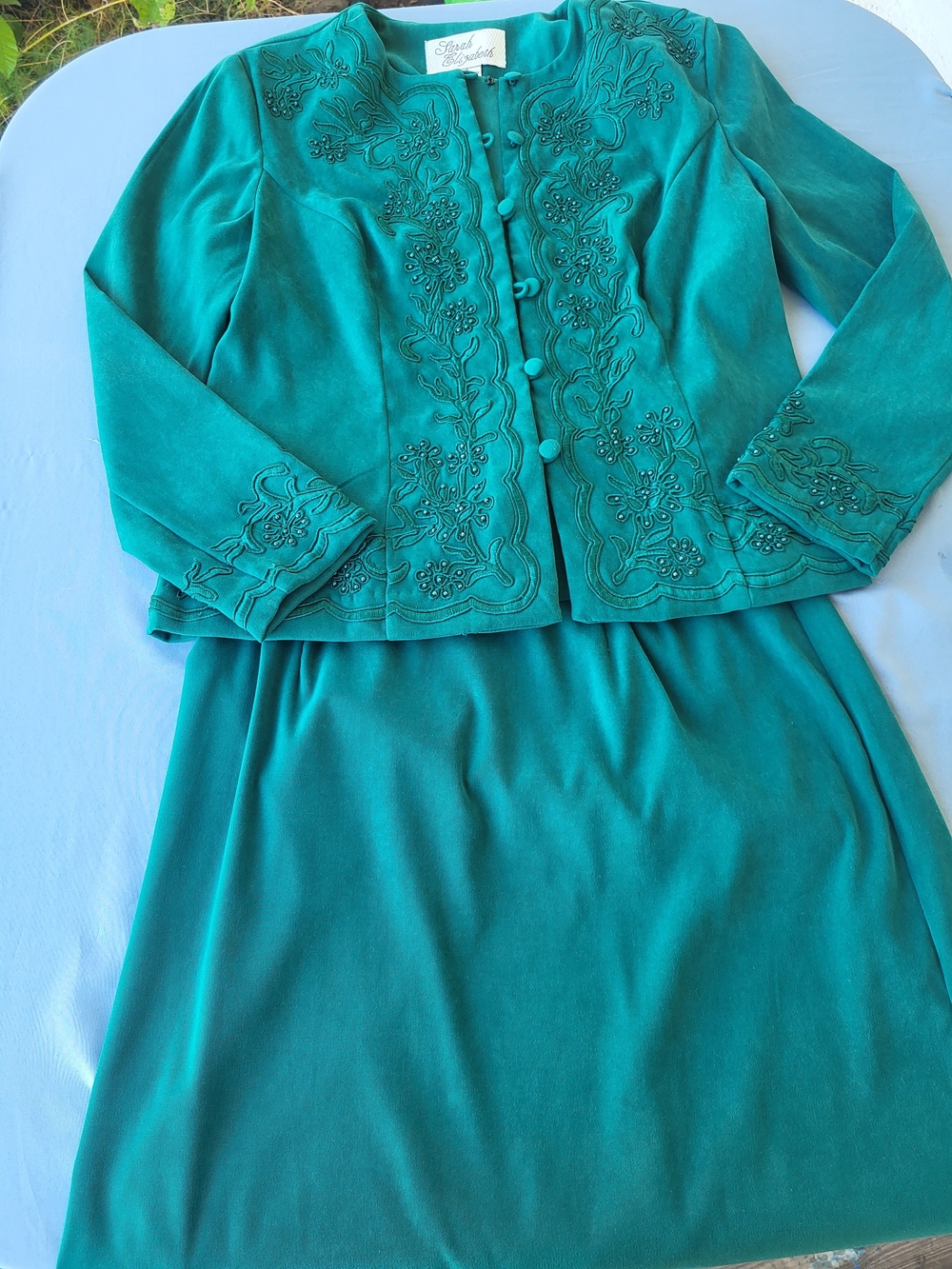 Vintage Sarah Elizabeth Beaded Embroidered Jacket & Maxi Skirt Set Emerald Green